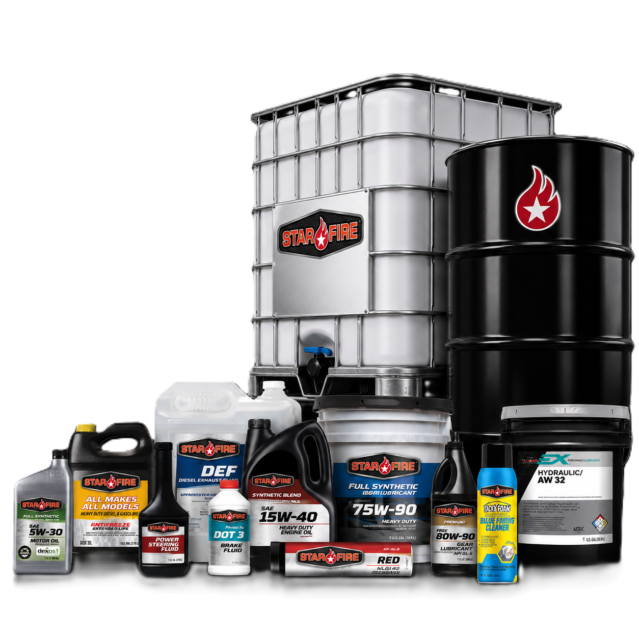 STARFIRE product lineup — totes, drums, pails, jugs and bottles across every lubricant category